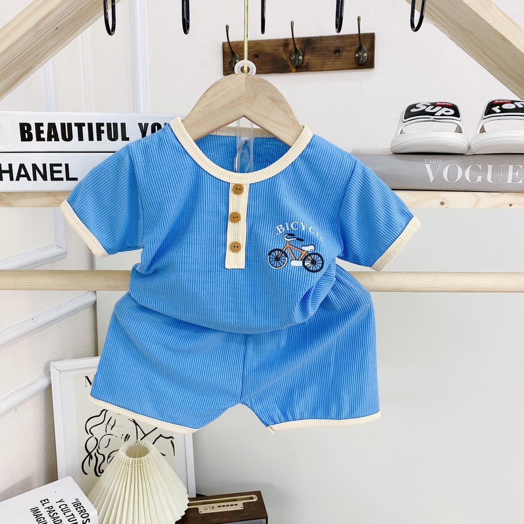Đồ bộ ngắn tay cộc tay len tăm cổ trụ khuy giữa cho bé trai bé gái co giãn 4 chiều