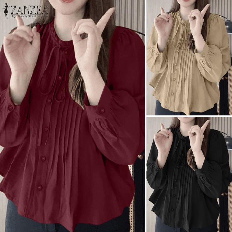 ZANZEA%20Korean%20Style%20Women%20Office%20Pleated-Bib%20Shirts%20Lace-Up%20Ruffled%20Crew%20Neck%20Long%20Sleeve%20Plain%20Tops%20-%20Image%204