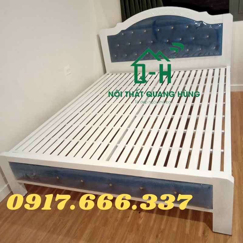 Giường sắt hộp 5x10 đầu nệm nhung xanh cao cấp
