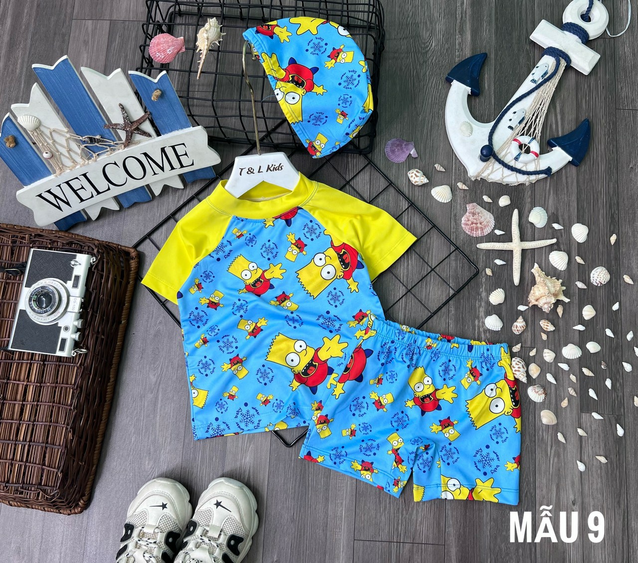 Bộ đồ bơi cho bé trai hình Siêu nhân kèm nón bơi size 14-38kg vải nhập chống nắng cho bé