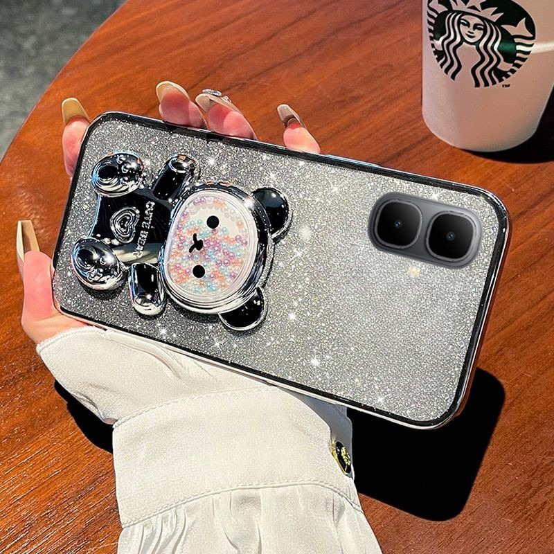 New Phone case infinix Smart10 Plus Back cover with Gradient 3D Bear Folding Stand Bracket Luxury Slim Plating Glitter Girls For infinix Smart 10+ case. 