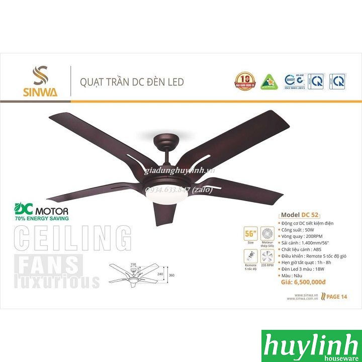 [HCM][Trả góp 0%]Quạt trần đèn led Sinwa DC52 - DC inverter - 5 cánh