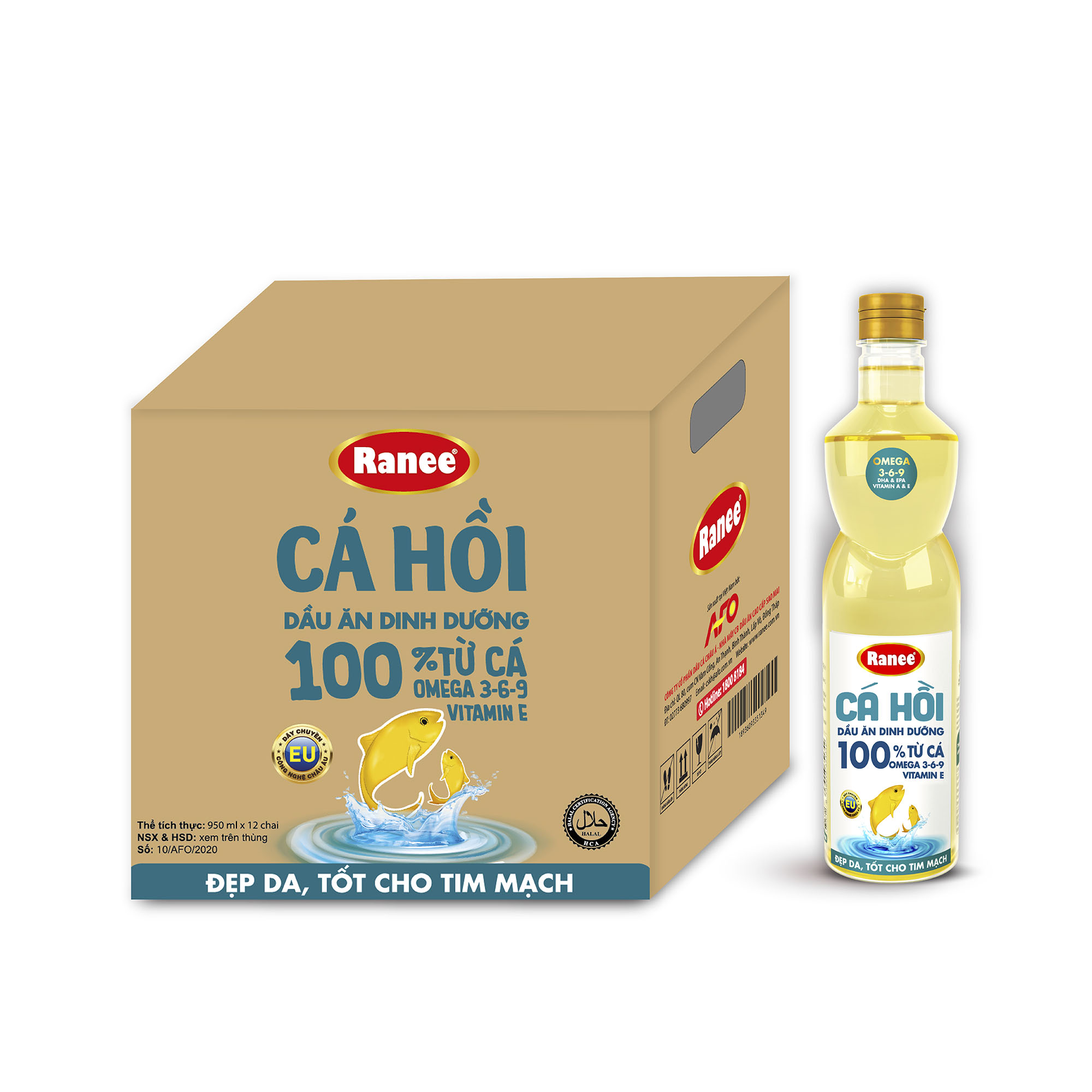 Thùng dầu ăn Ranee Cá Hồi 950ml - 1 lít  (950ml/chai  hoặc 1 lít x 12 chai)