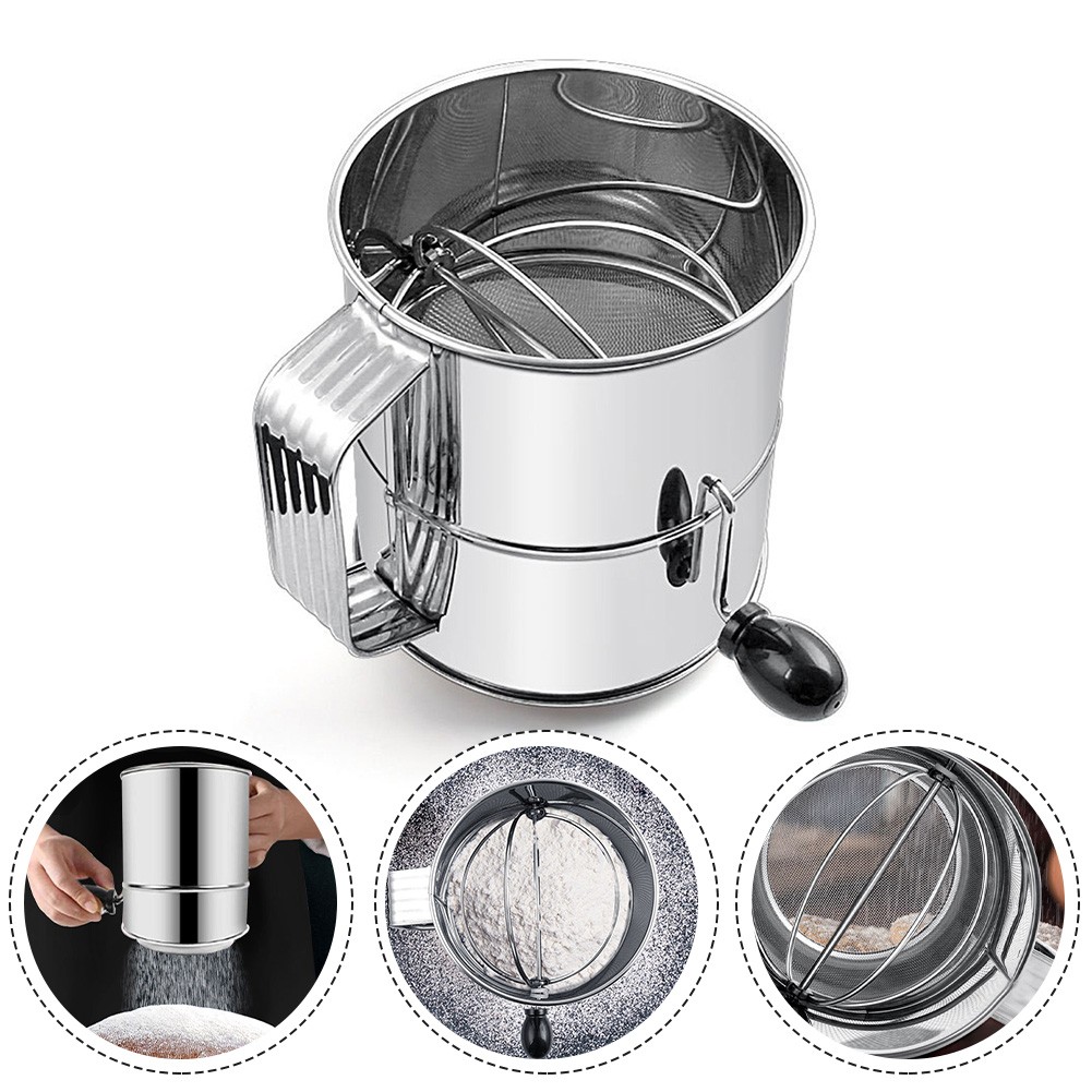 Stainless Steel Flour Sieve with Rotating Mixing Handle for Cake Making Great