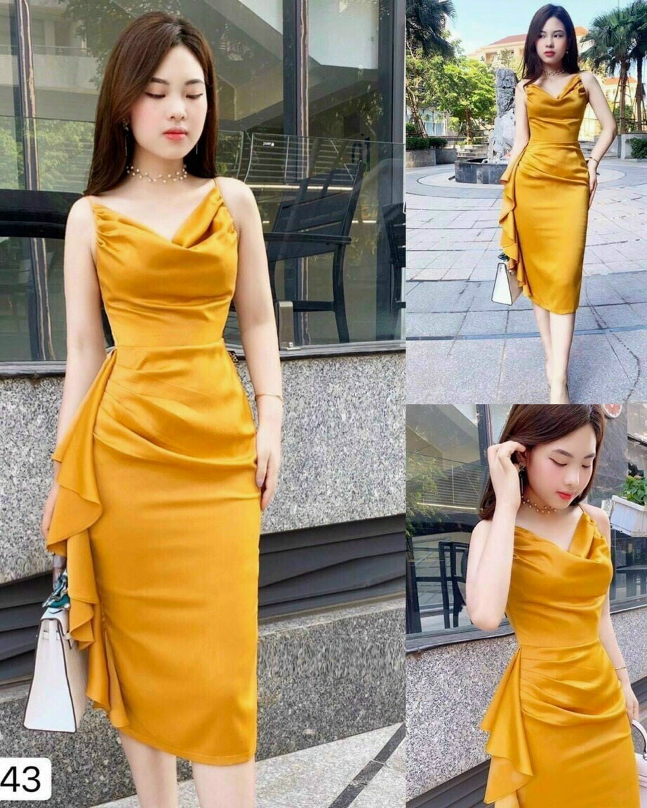 Đầm dự tiệc hai dây cổ đổ bèo hông phi lụa siêu đẹp với shop hà thương faschion