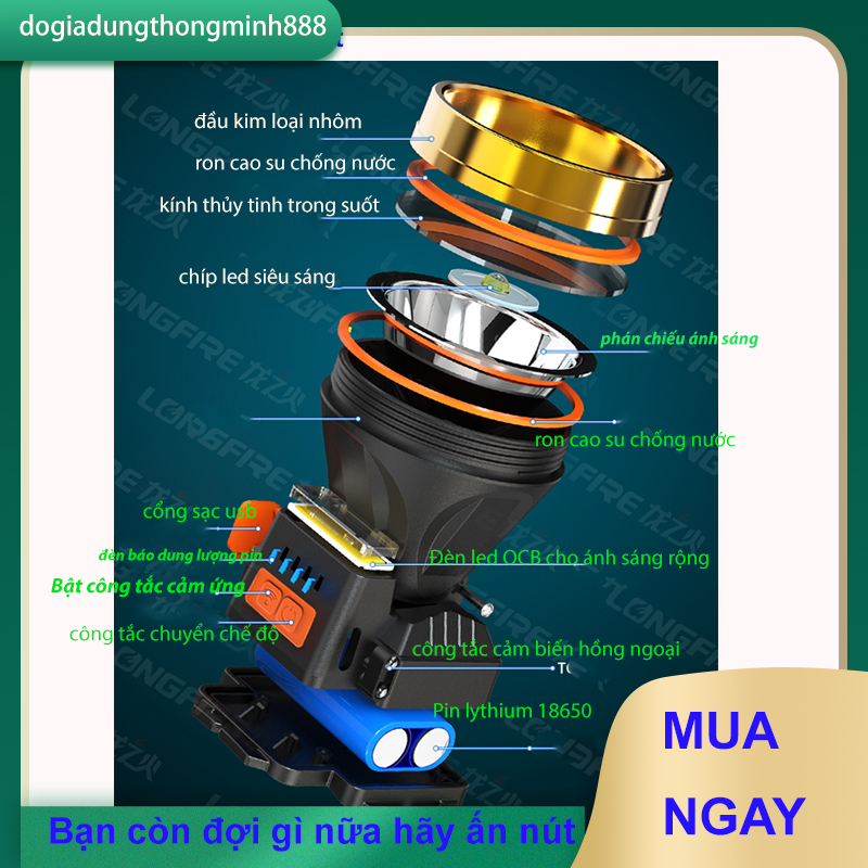 Đèn pin siêu sáng đội đầu chống nước pin 4400ma