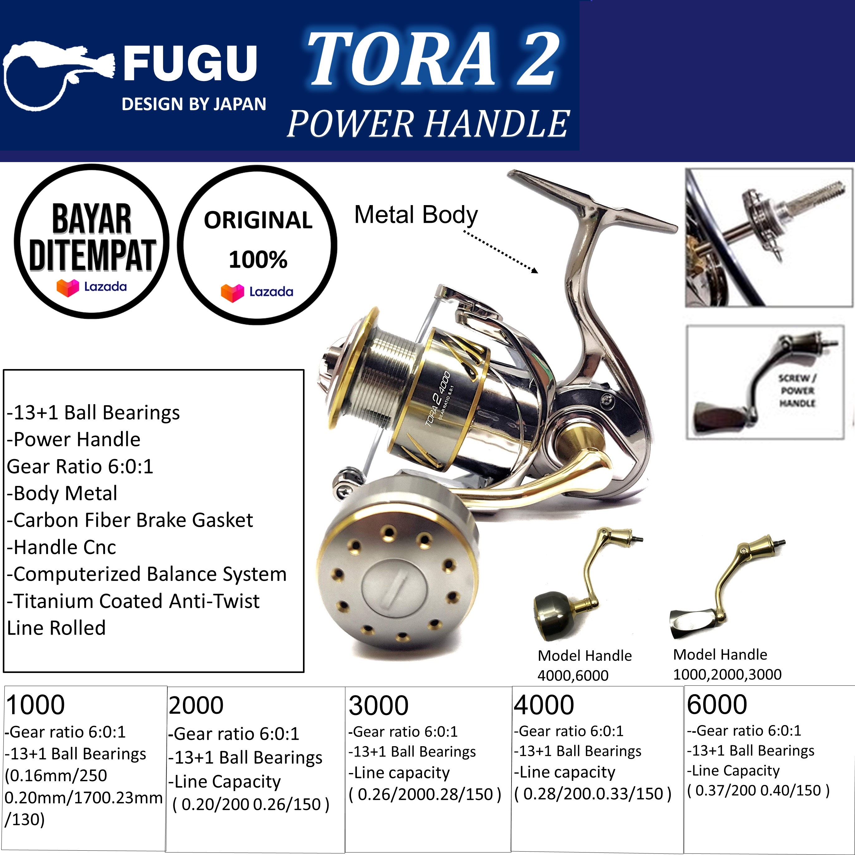 Reel Fugu Tora 2 1000 2000 3000 4000 6000 Power Handle Metal Body