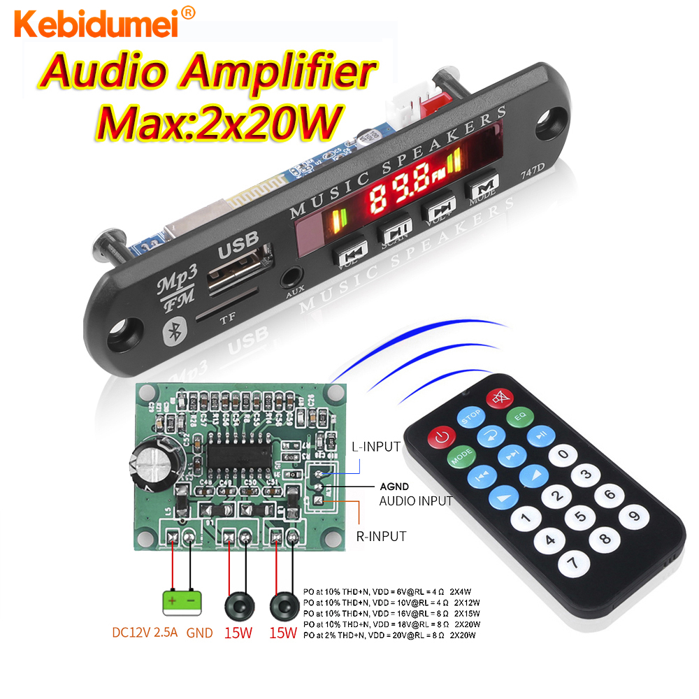 Kebidumei Wireless Bluetooth 5.0 MP3 Decoder Board 12V FM Radio Player Support TF / AUX/ U Disk Interface Audio Module with 15W*2 Amplifier
