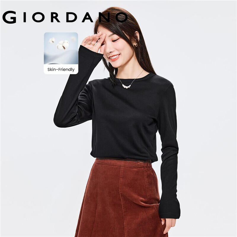 Giordano women t-shirts multi-color available smooth touching cotton tee plain color crewneck long sleeve simple tee 05322805