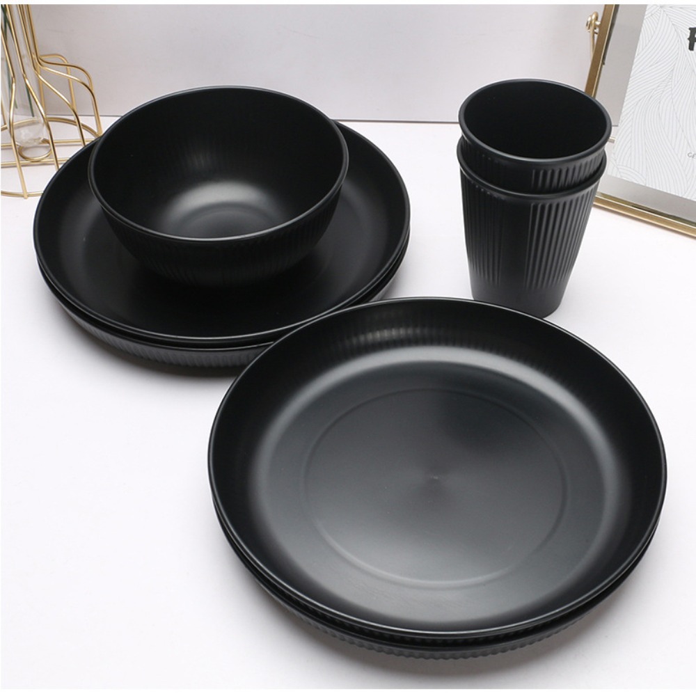 3pcs/set%20Durable%20Plastic%20Black%20Tableware%20Set%20Vertical%20Stripes%20Anti-fall%20Cutlery%20Set%20Plate/Bowl/Cup%20Party%20-%20Image%203