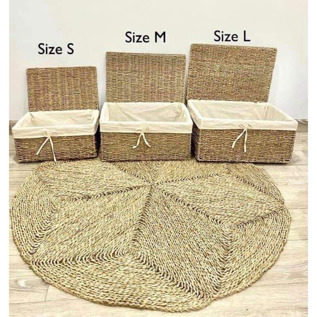 Giỏ cói đựng đồ khung sắt vintage có vải lót - giỏ cói đa năng thủ công đựng quần áo - giỏ cói trồng cây