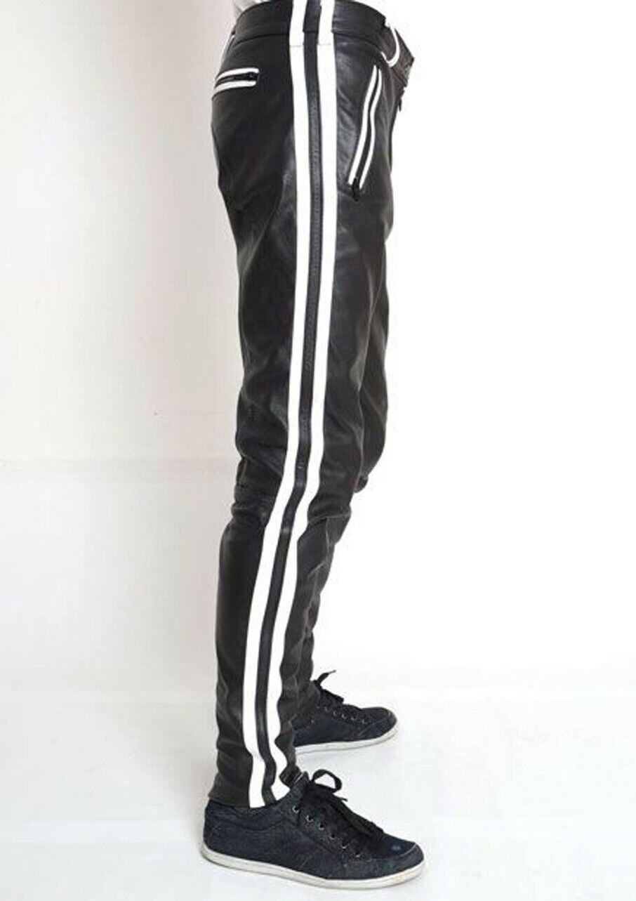 Men's COWHIDE LEATHER PANTS COLOR STRIPES BIKERS PANTS