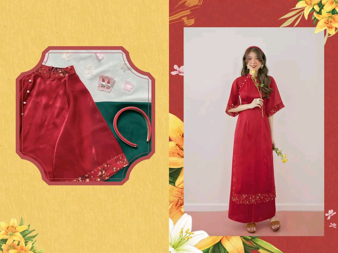 ÁO DÀI CÁCH TÂN NỮ THIẾT KẾ TAY PHỐI TƠ HOA NHÍ ĐÍNH NGỌC - ÁO DÀI TRUYỀN THỐNG MAY SẴN MÀU ĐỎ- ÁO DÀI NỮ SINH