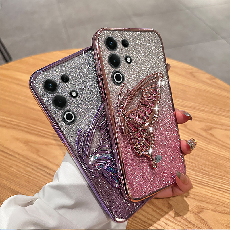 New Phone case itel Super S26 Ultra Back cover Diamonds butterfly holder shiny hourglass of quicksand transparent soft silicone For itel S26 Ultra case.