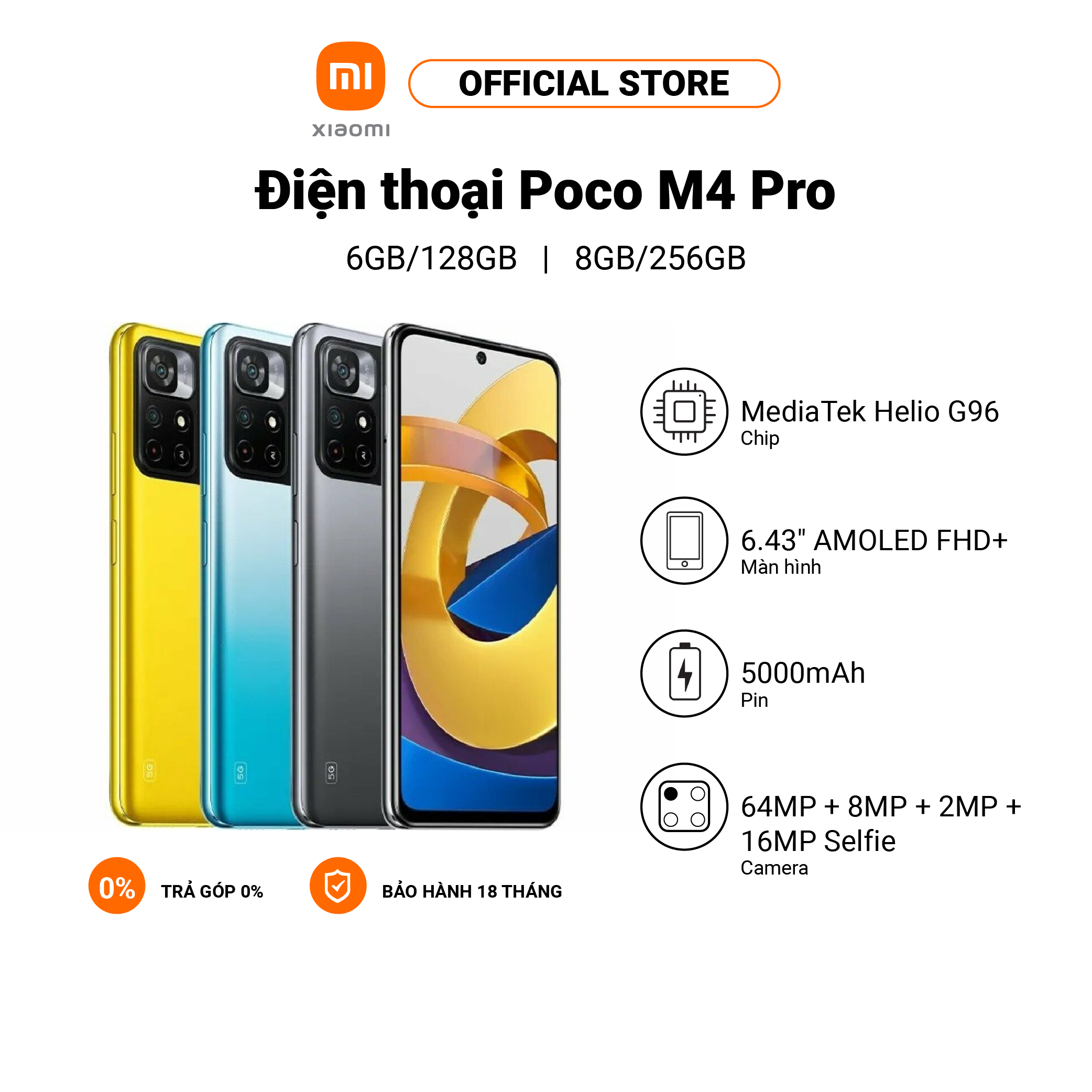 Điện thoại Xiaomi POCO M4 PRO 6+128GB / 8+256GB | Amoled 90Hz | Bộ ba camera 64MP | Sạc nhanh 33W