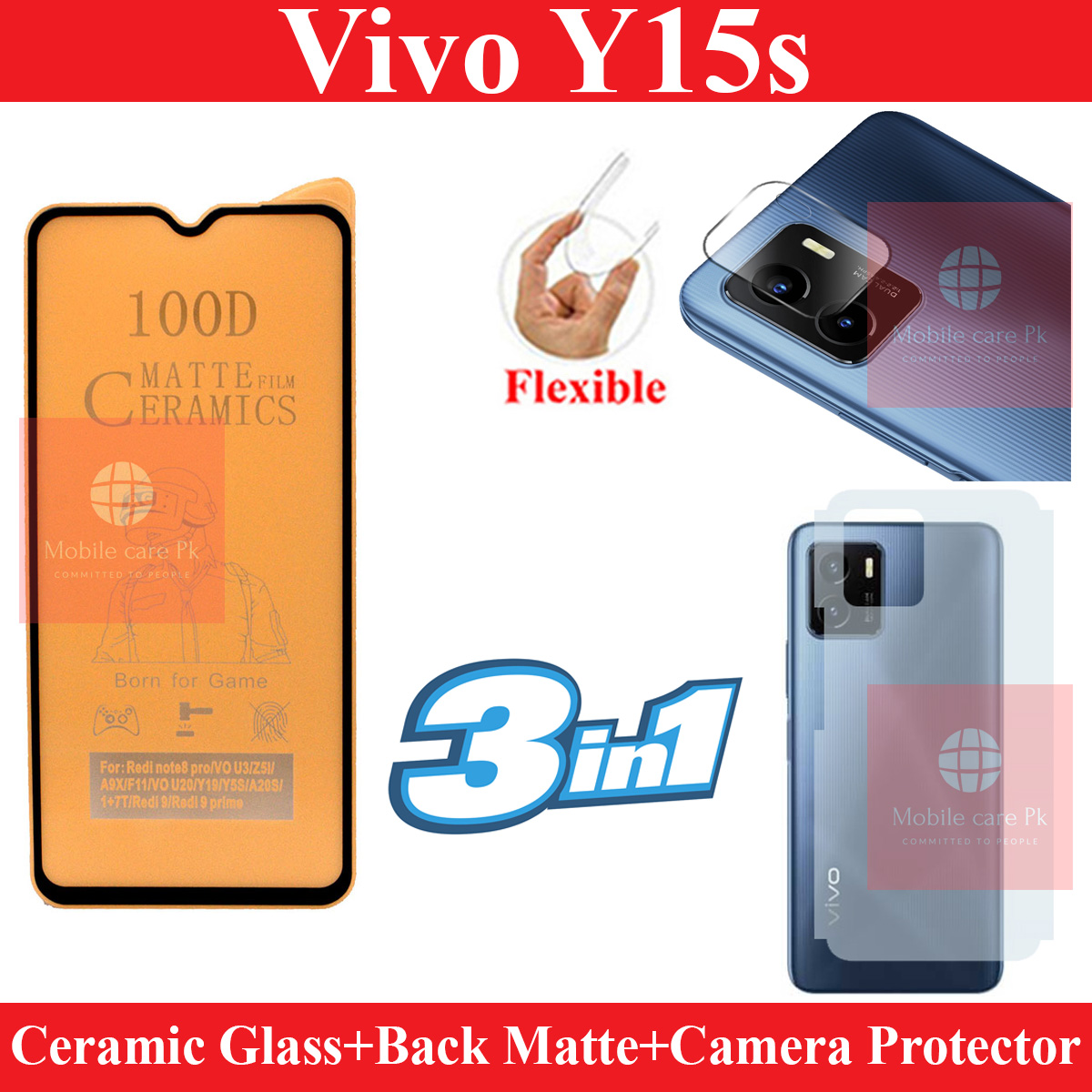 Vivo Y15s Matte Glass Protector Fiber Pubg Glass + Back Protector Carbon Fiber Matte Soft Skin Sheet + Camera Glass Protector Fiber Glass For Vivo Y15s. 