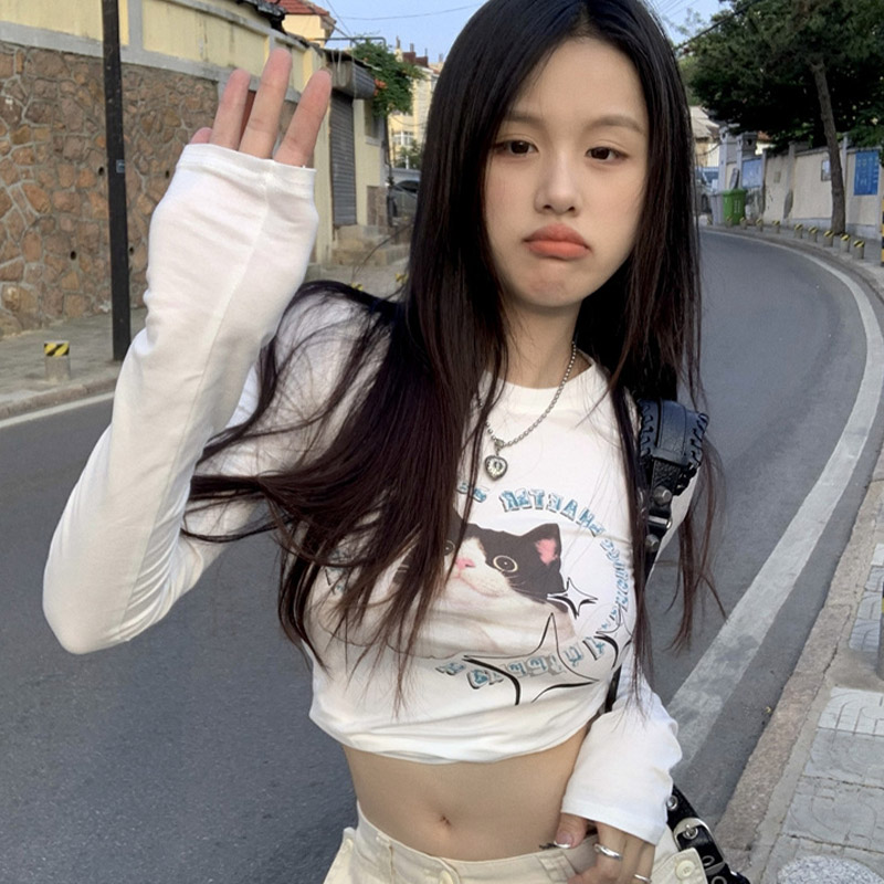 HengShanYuan 薄款印花长袖猫咪T恤女2022年夏季新款白色