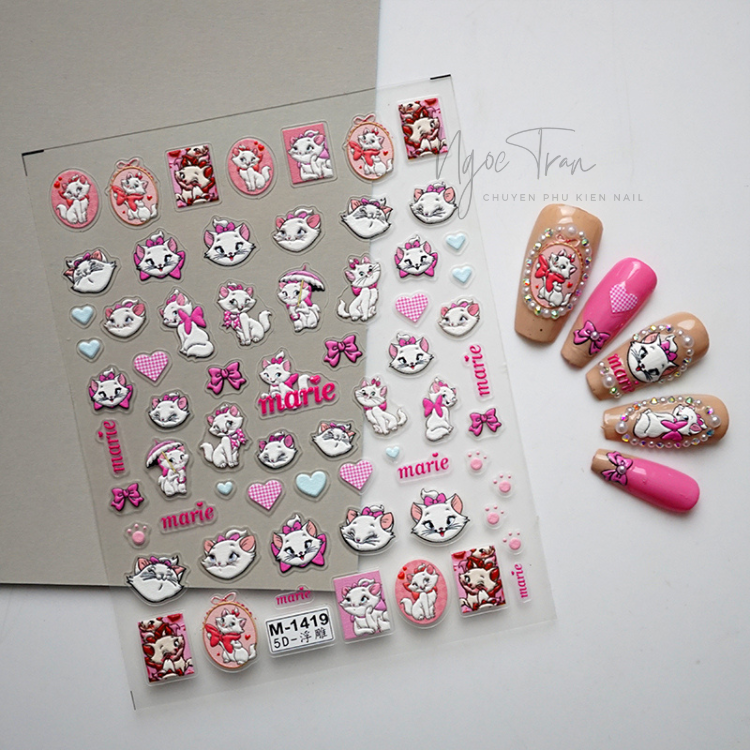 Sticker Nail 5D Lụa Nổi | Mèo Marie | Hình Dán Móng Tay