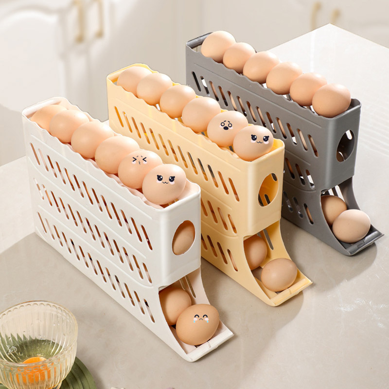 Houseeker Refrigerator Egg Storage Box Automatic Scrolling Egg Holder Rack Kitchen Dedicated Roll Off Egg Organizer Shelf