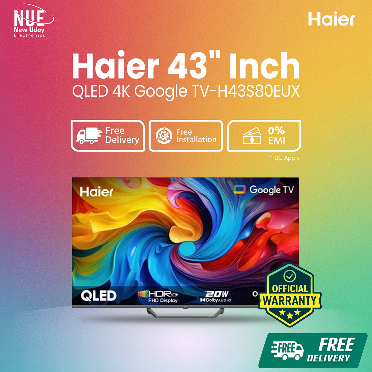 Haier 43 Inch QLED 4K Google TV H43S80EUX New Model Entry Level Gaming TV 📺 Official Warranty | Free Delivery | 0% EMI with Free Delivery.