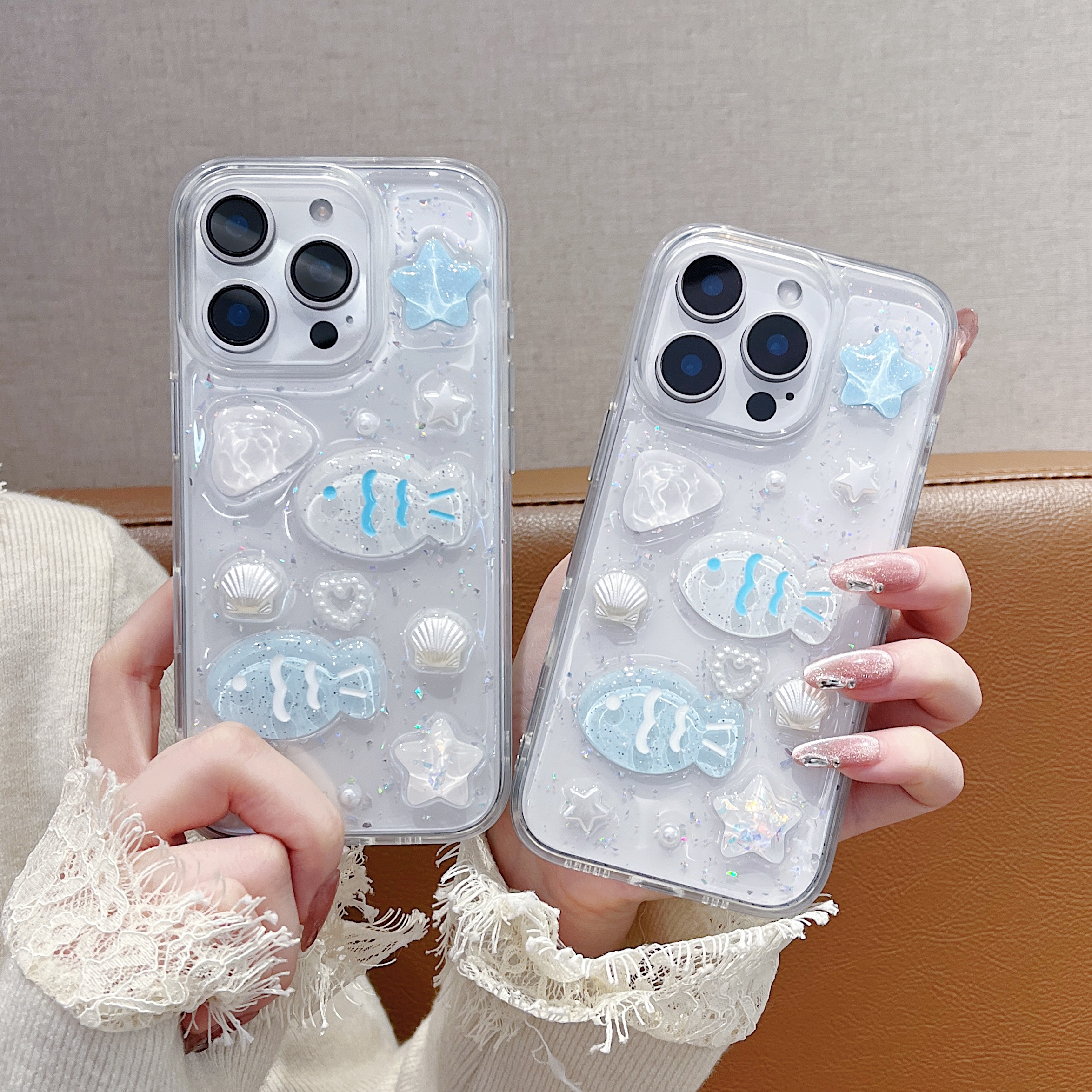 Sroof%20Case%20For%20iPhone%2011%2012%2013%2014%2015%2016%20Pro%20Max%2016%2015%2014%20Plus%20New%20advanced%20sense%20of%20transparent%20acrylic%20drip%20glitter%20three-dimensional%20blue%20two%20fish%20phone%20case%20back%20cover%20-%20Image%202