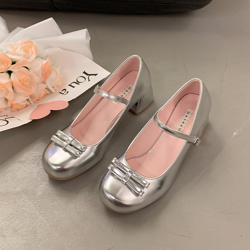 AOKANG French bow silver high heels summer new style with skirt shallow one-step thick heel shoes