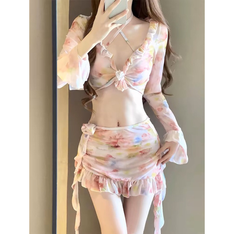 set bikini 4 mảnh màu hoa hồng cam