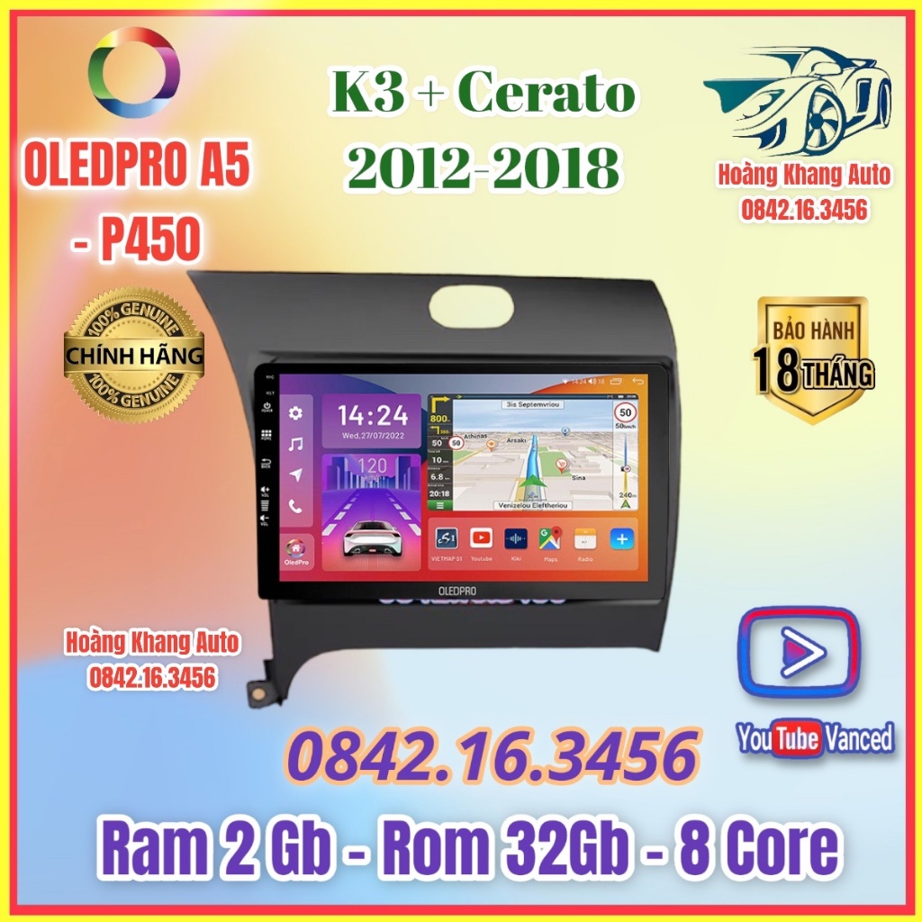 Màn hình android oledpro a5 _ p450 theo xe k3 + cerato 2012_2018, kèm dưỡng 9 inch và jack nguồn zin theo xe "