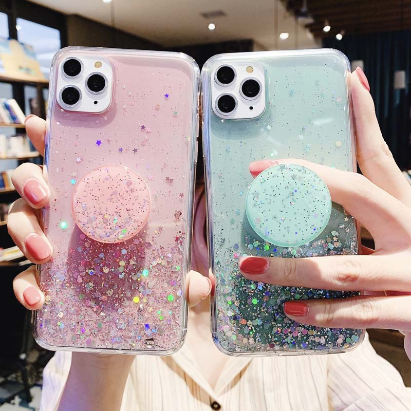 New Phone case Tecno POP 7 8 Pro 5 LTE Cover Glittering Soft Stars Moon Sequins Folding Stand Transparent Silicone Anti Drop Back cover Tecno POP5 LTE POP8 POP7 Pro case. 