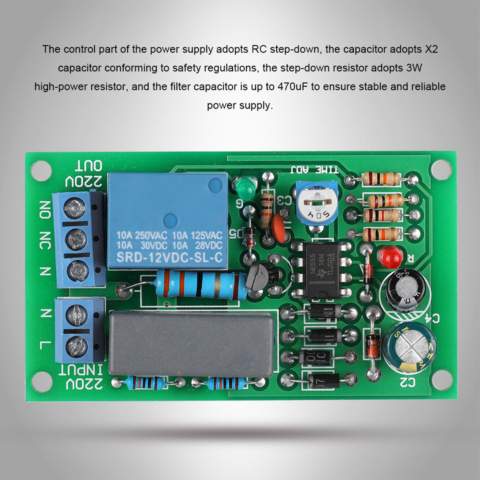Bảng Rơle Rơle 220V Mô-đun chuyển mạch trễ Mô-đun chuyển mạch Mô-đun chuyển mạch trễ hẹn giờ tắt đầu vào/đầu ra với 4 lỗ gắn cho gia đình