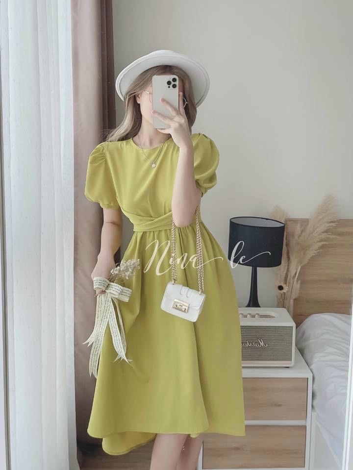 Đầm tay ngắn cổ tròn phong cách tiểu thư, đầm xòe cột eo tay búp màu sắc dễ thương , váy đầm dự tiệc thiết kế trẻ trung sang trọng kiểu cột eo cực kỳ cá tính