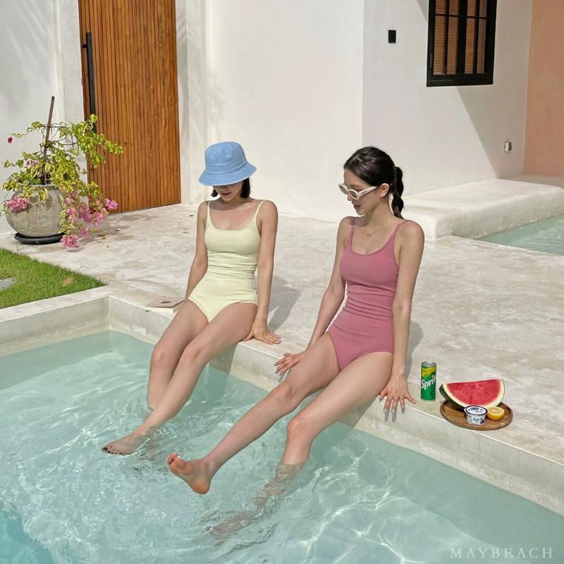 3 Colors Korean Fashion Simple Bikini Dress Tight Halter Swimwear Solid  Color One-piece Bathing Suit Hot Spring Swimsuit