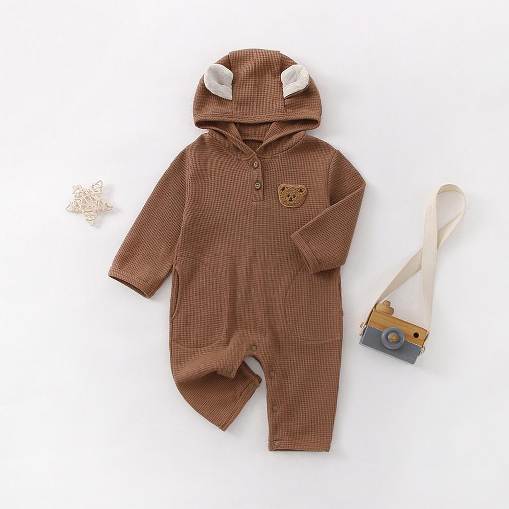 Newborn Baby Jumpsuit Waffle Long Sleeve Bear Hooded Baby Bodysuit 0-2 Years Old