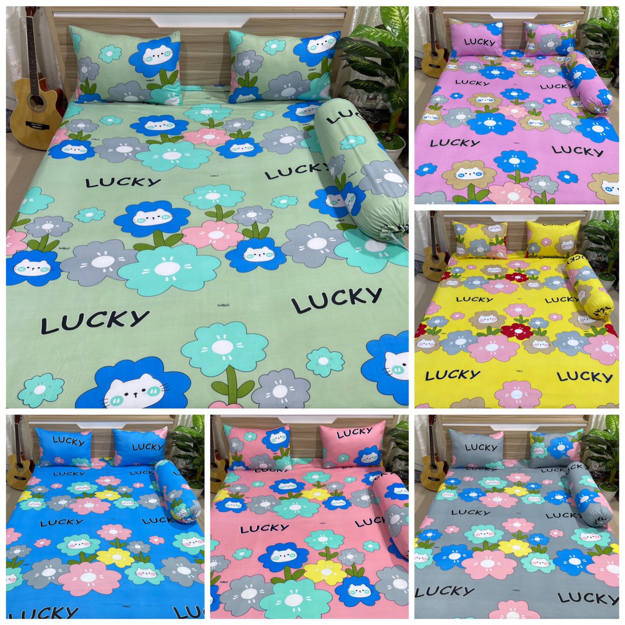 BỘ DRAP GA THUN (HOA LUCKY) 4 MÓN
