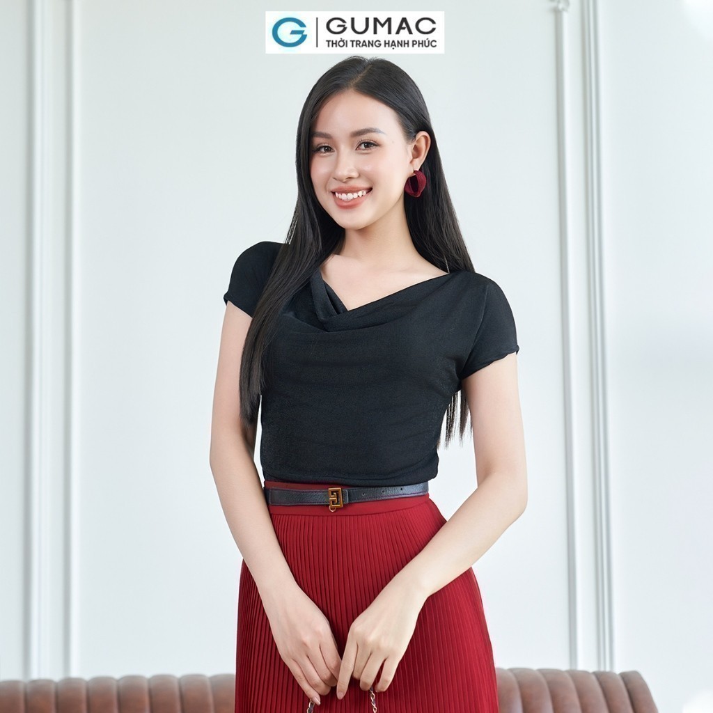[MUA 2 CHỈ 199K/Áo] Áo Thun Cổ Đổ GUMAC Áo Thun Kiểu Sang Trọng Áo Đi Tiệc Vải Thun Ánh Nhung Co Giãn Tôn Dáng ATE01031