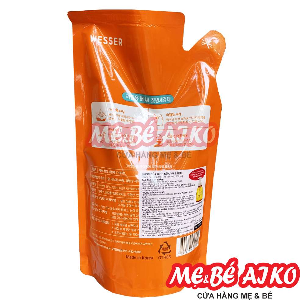 [Mẫu Mới] Bộ 3 Gói Nước Rửa Bình Sữa Wesser (500ml x 3)