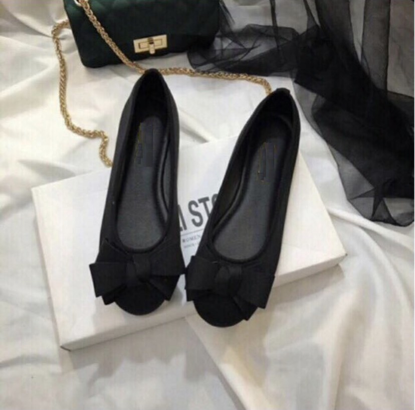 [Hoàn tiền 15%]Giày búp bê dính nơ phồng xinh xắn - màu đen