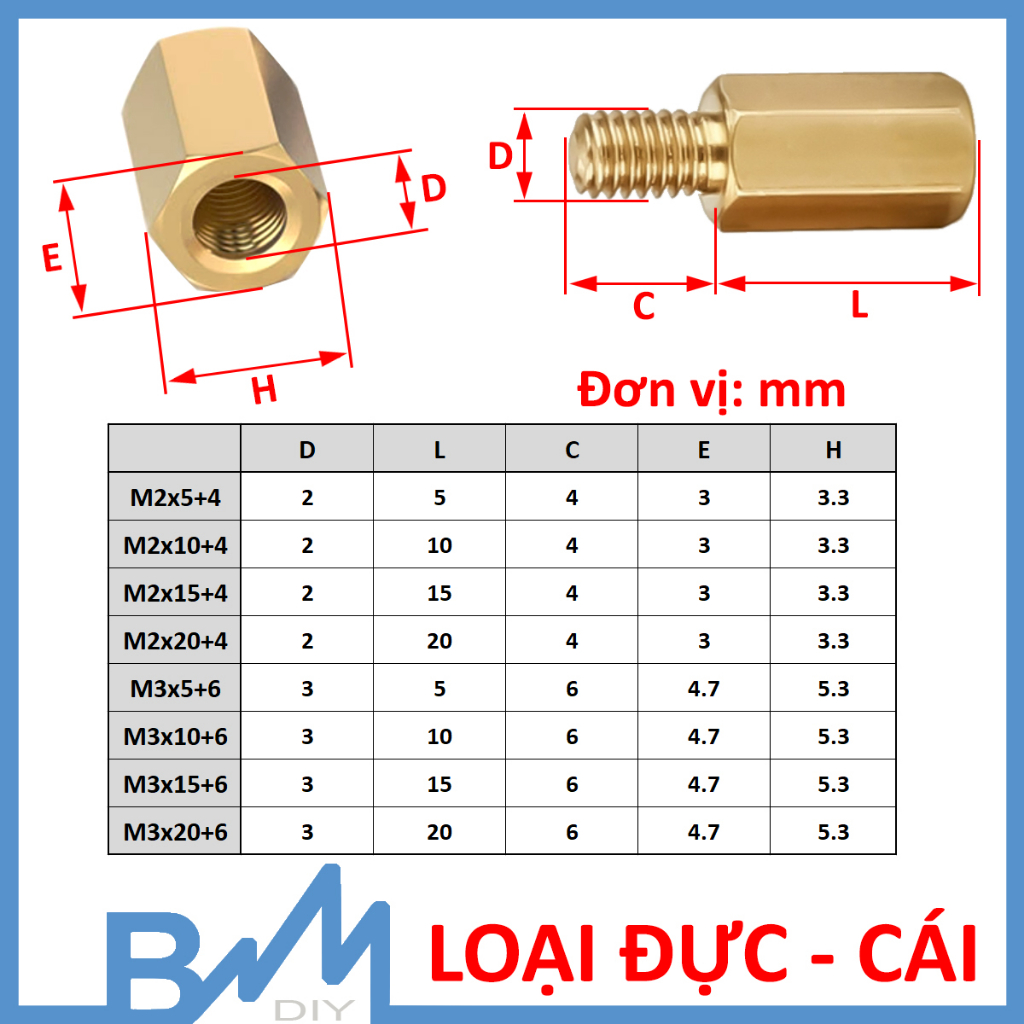 Cọc vít đồng cỡ M2 M3 nhiều kích thước