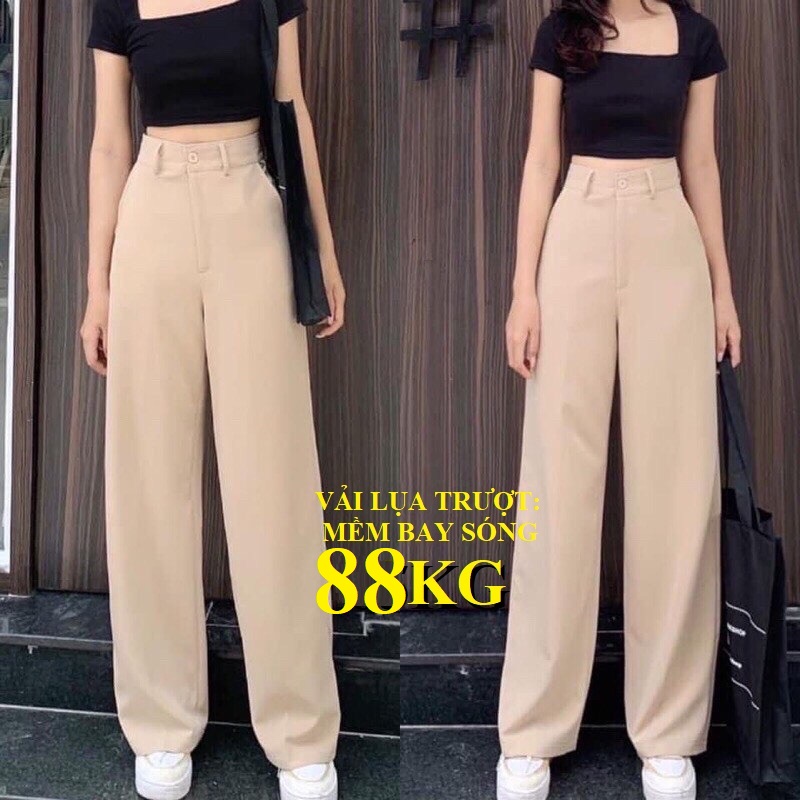 Quần Ống Rộng Khuy Giữa Vải Lụa Trượt Màu Vàng Kem, Bay Sóng, mềm mại, quyến rũ. Lưng Cao  có Sai đại 100KG