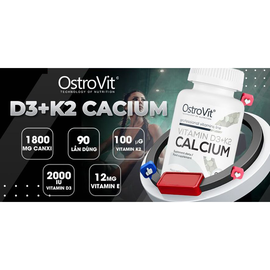 Viên Uống Ostrovit D3+K2 Calcium - Bổ Sung Xương Khớp, Tăng Đề Kháng (90 Viên)