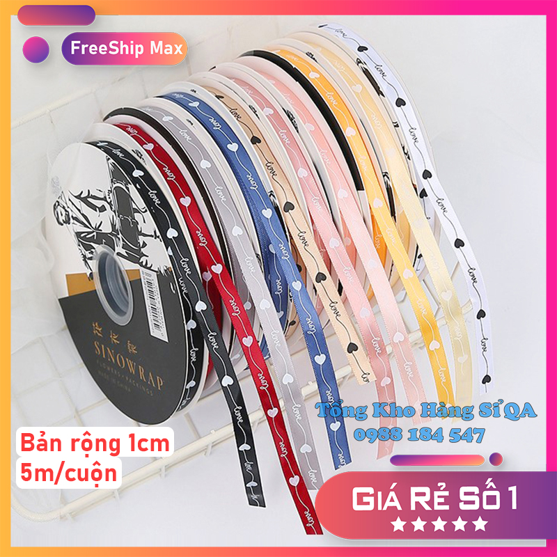 [Lẻ 5 mét] Ruy băng lụa size 1cm in hình Tim LOVE