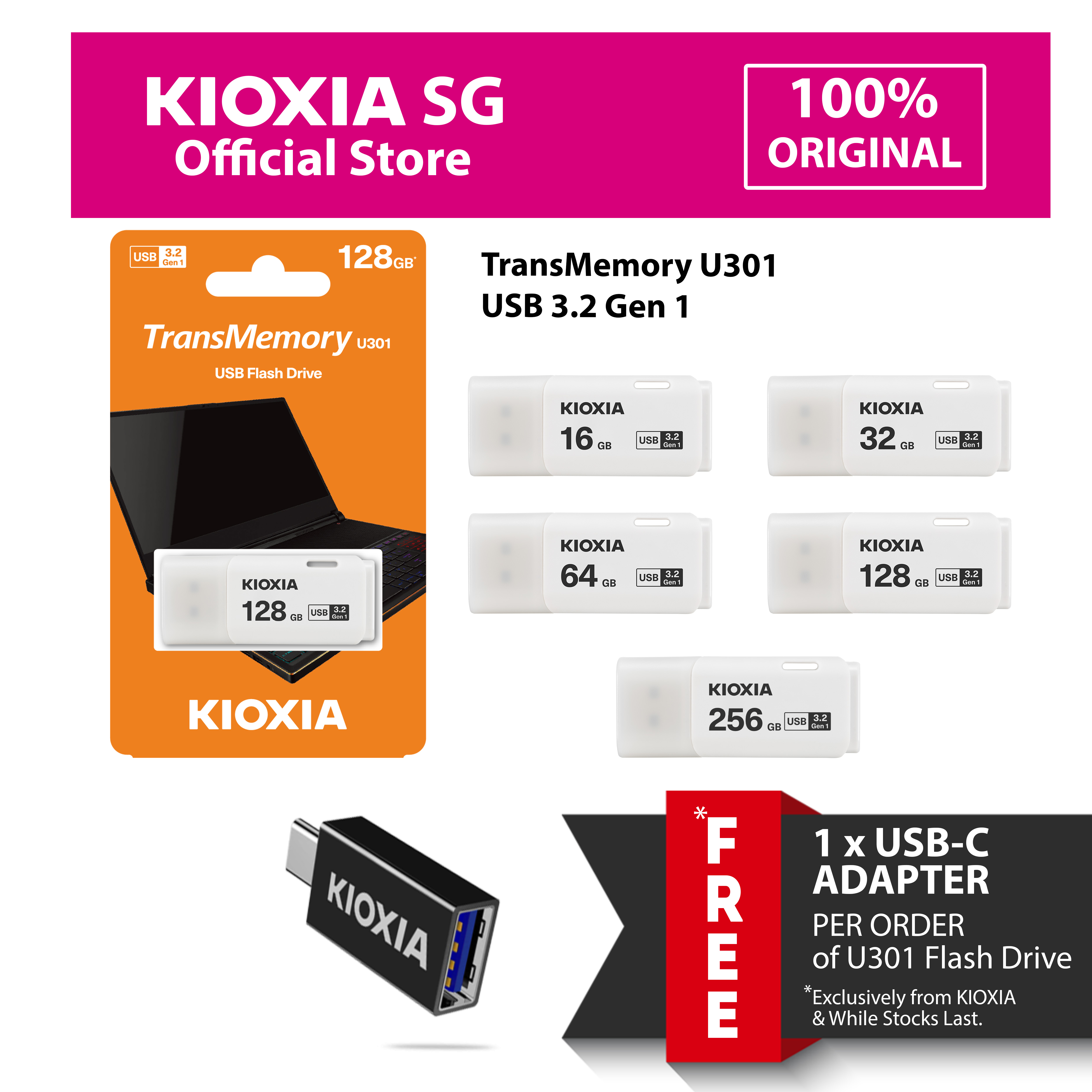 KIOXIA TransMemory U301 USB3.2 Gen 1 Flash Drive in 16GB | 32GB | 64GB |  128GB | 256GB Thumbdrive - from JAPAN **FREE USB-C Adapter Per Order** |  Lazada Singapore