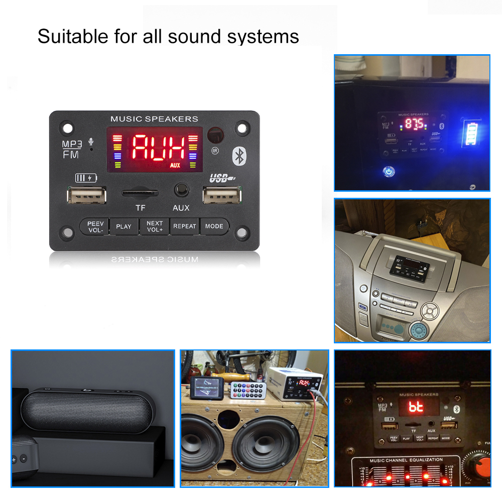 Aitemay 7V-24V Bluetooth 5.0 MP3 Decoder Board MP3 Player USB Module AUX FM Radio Recording with 2x40W Amplifier