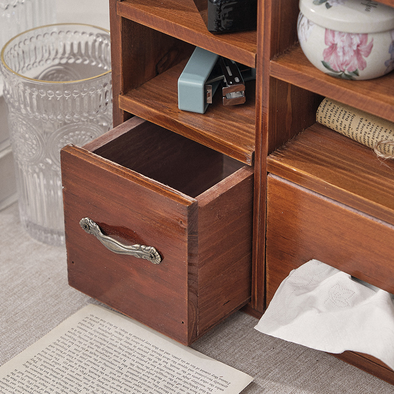 Retro storage box with tissue box, table shelf, wooden tabletop storage box, storage cabinet