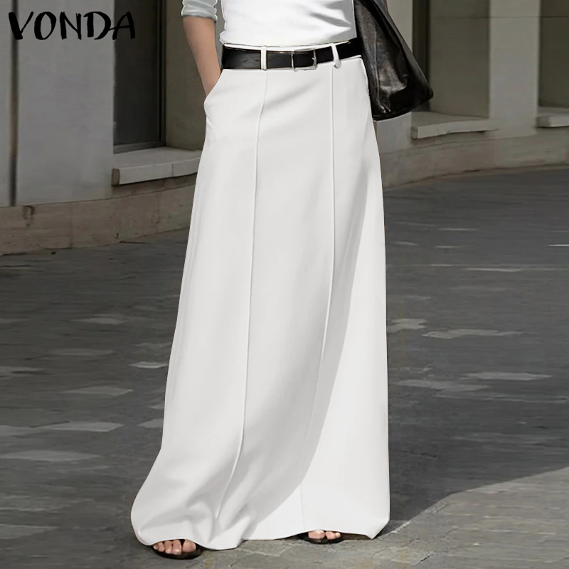 VONDA Womens Back Zip Up Straight Leg Long Skirts Casual Loose Maxi Skirt  Dress Plus (Western Fashion)