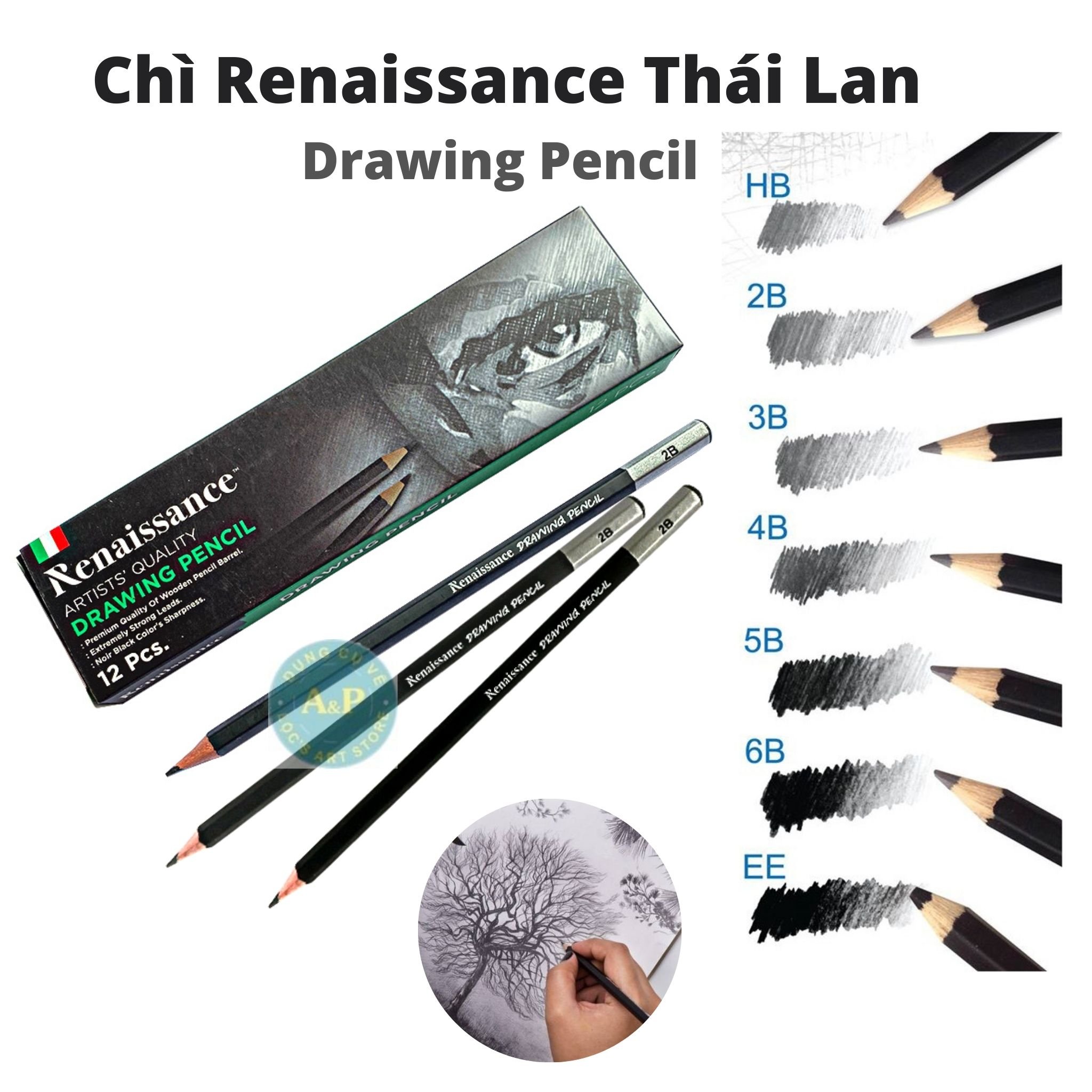 Bút chì đen mỹ thuật drawing renaissance thái lan hb-6b