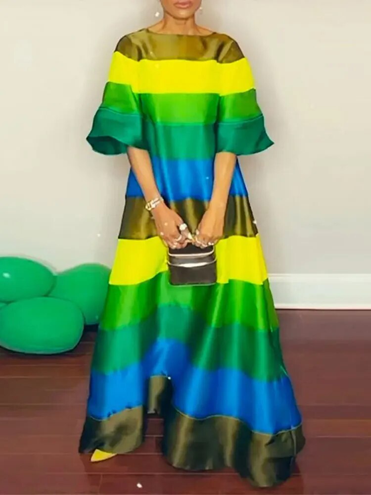 O Neck Striped Print Maxi Dress For Women Loose Short Sleeve Big Swing A-line Vestidos Fashion Beach Vacation Party Robe 2023