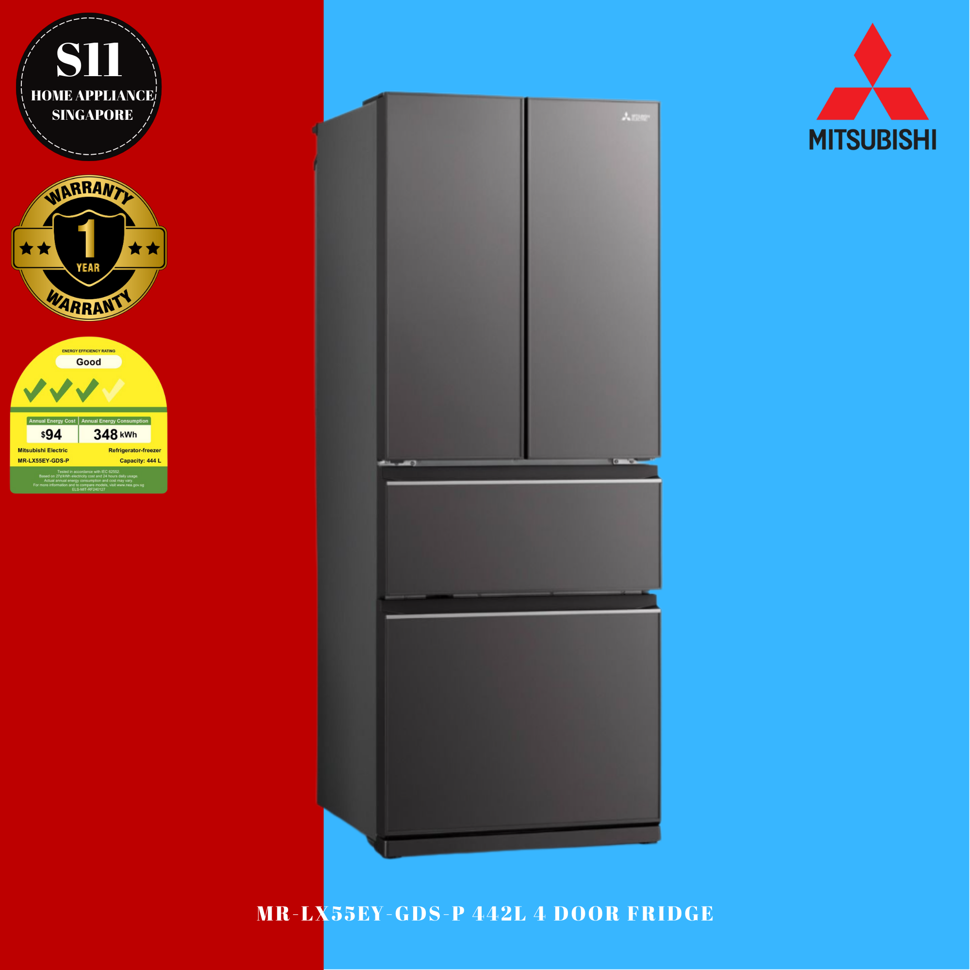 MITSUBISHI MR-LX55EY 442L 4 DOOR FRIDGE (3 TICKS) + 1 YEAR