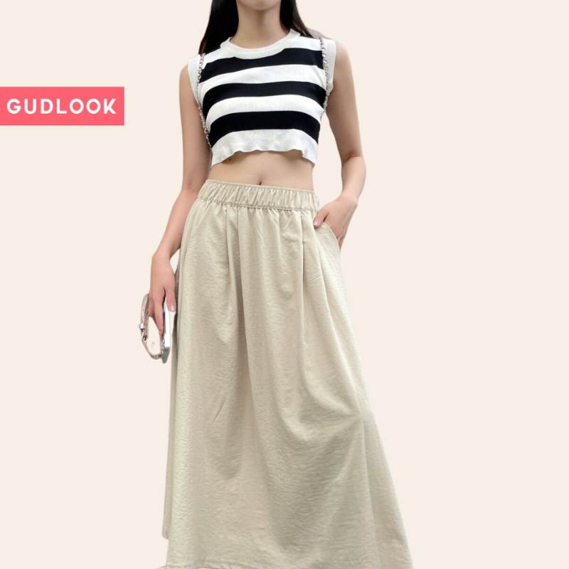 Chân Váy Dài basic Chữ A GUDLOOK Midi Trơn Basic 3 Màu Xếp Ly nhẹ