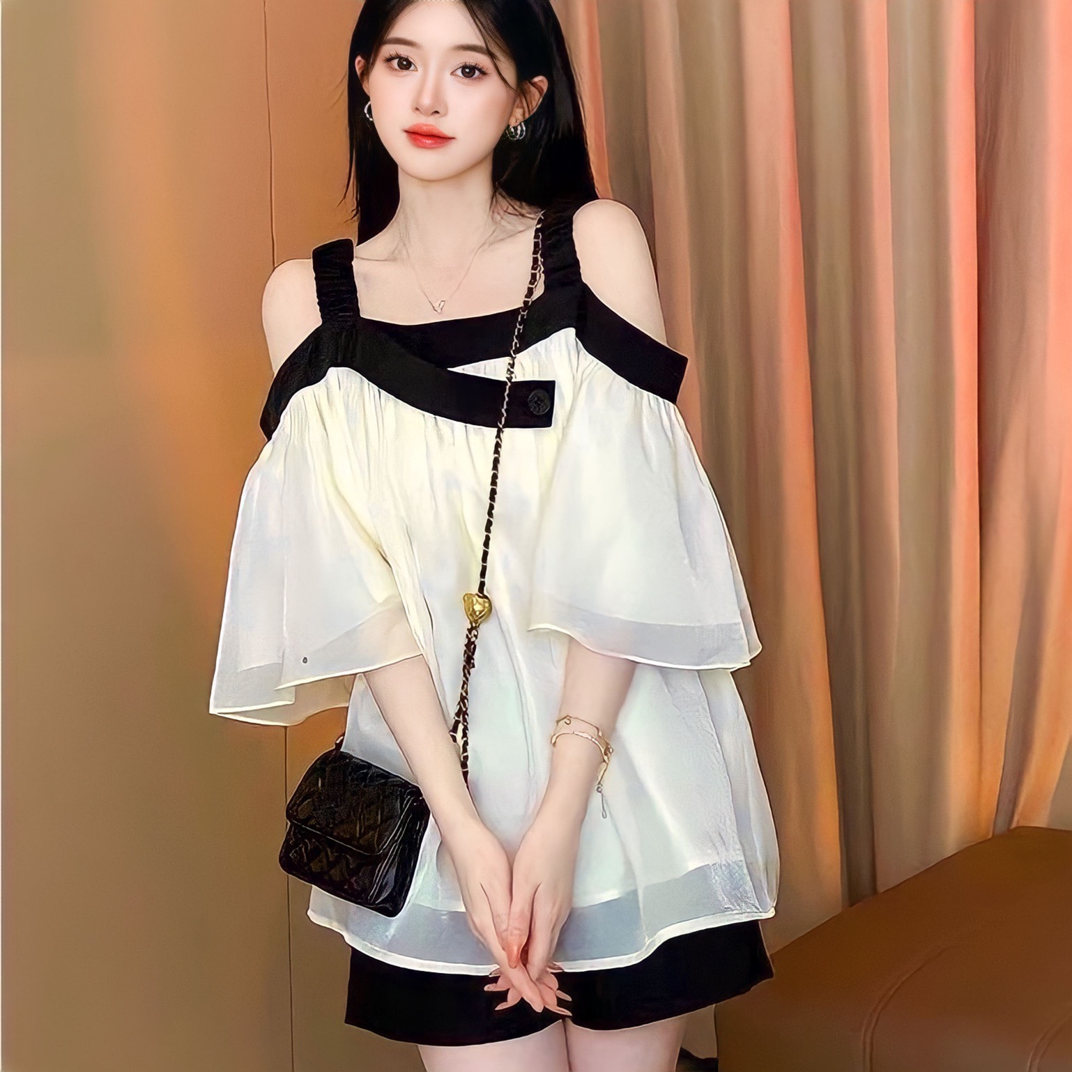 Sét Đồ Babydoll Áo Trễ Vai + Quần Tafta